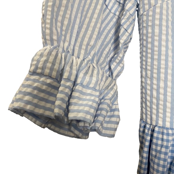 Blue White Seersucker Gingham Ruffle Tiered Prairie Cottagecore Maxi Dress S/M - Picture 10 of 16